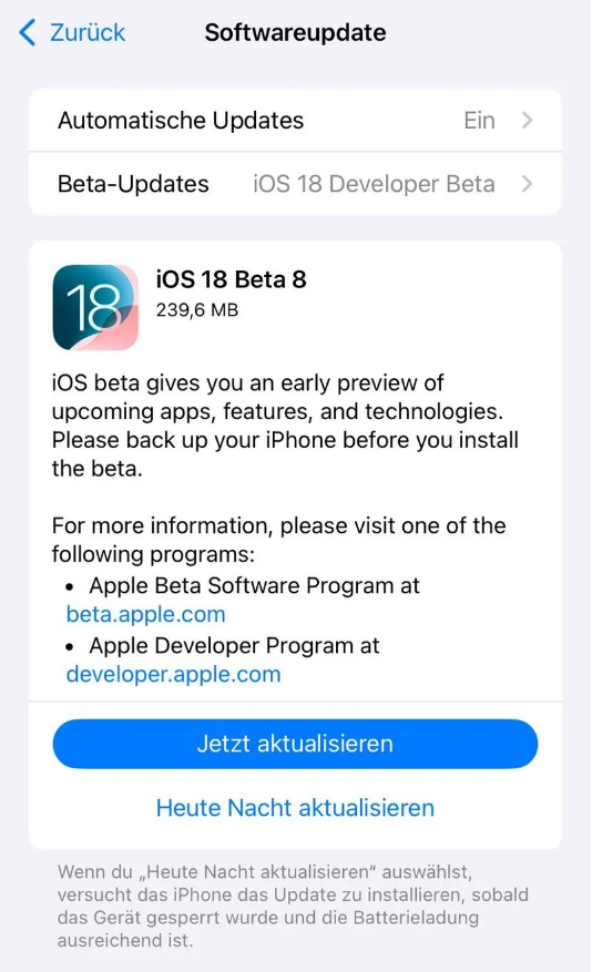 和林格尔苹果手机维修分享苹果 iOS / iPadOS 18 开发者预览版 Beta 8 发布 